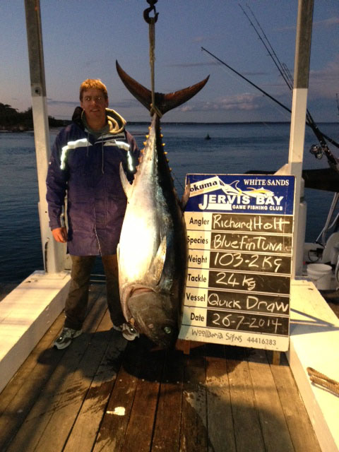 ANGLER: Richard Holt SPECIES: Southern Bluefin Tuna WEIGHT: 103.2kg LURE: JB Lures, 8" lumo Little Dingo